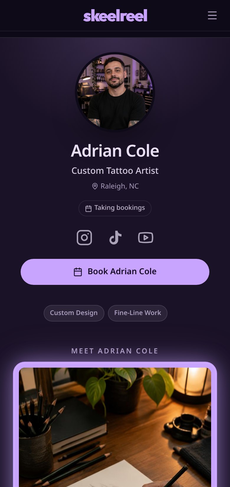Example SkeelReel profile for Adrian Cole, a fictional custom tattoo artist