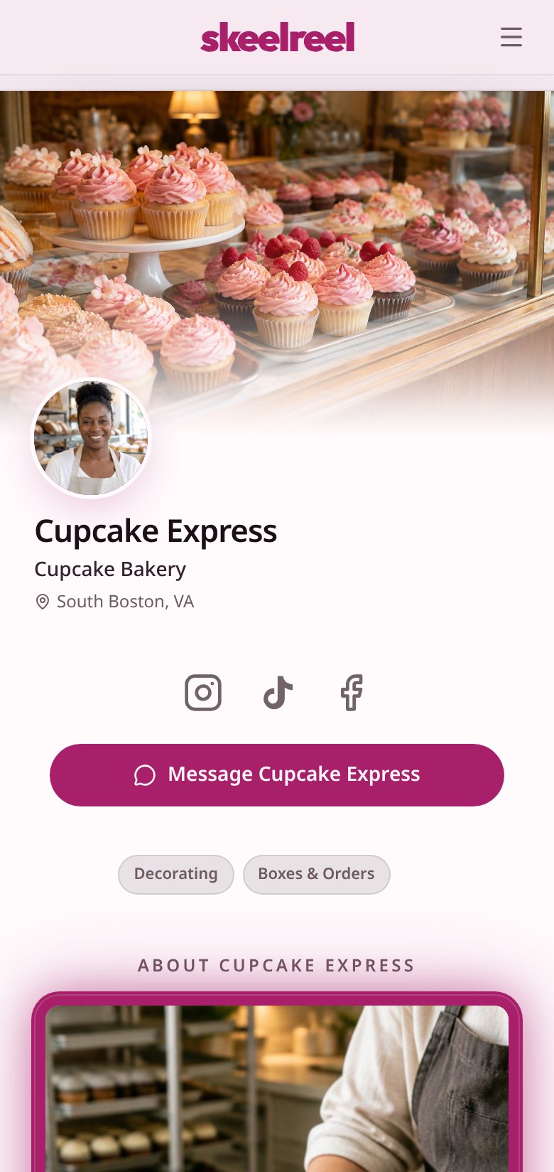Example SkeelReel profile for Cupcake Express, a fictional cupcake bakery
