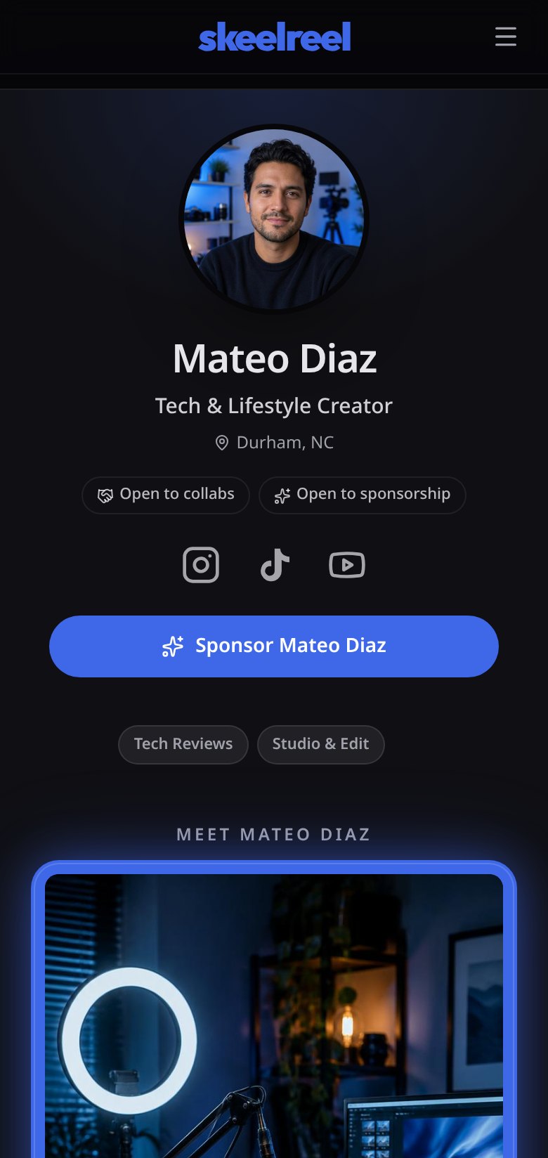 Example SkeelReel profile for Mateo Diaz, a fictional tech and lifestyle creator